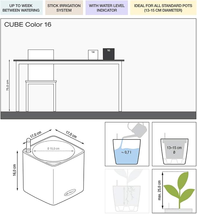 Lechuza Cube Color 16 Slate, Self-Watering Indoor Small Plant Pot, H6.3 L6.7 W6.7 in