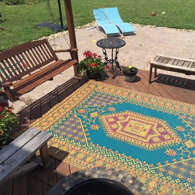 Mad Mats Traditional Outdoor Rug, Reversible Plastic Mat (5' x 8', Oriental Turkish - Aqua) for Patio, Porch, Poolside, Mudroom, Camping, RV, Deck