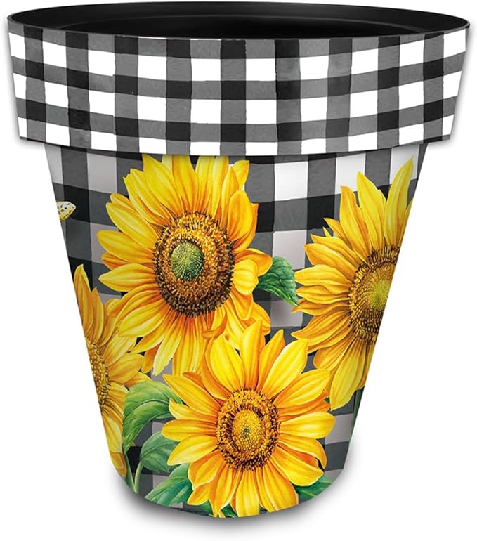 Briarwood Lane Summer Planter 14" x 15" x 15" Checkered Sunflowers Decorative Large for Summer Planter