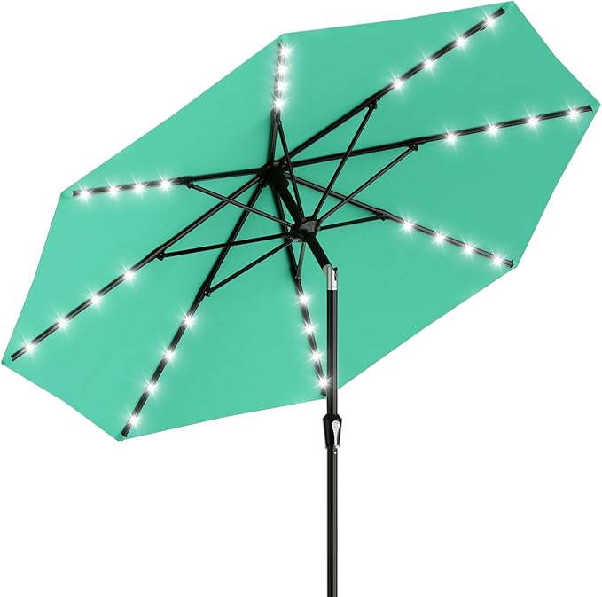 AreShark 9FT Patio Umbrella with Solar Lights, 32 LED Lighted Pool Umbrella w/Tilt and Crank, Outdoor Market Solar Umbrellas for Garden, Deck, Backyard, Pool and Beach, Cerulean