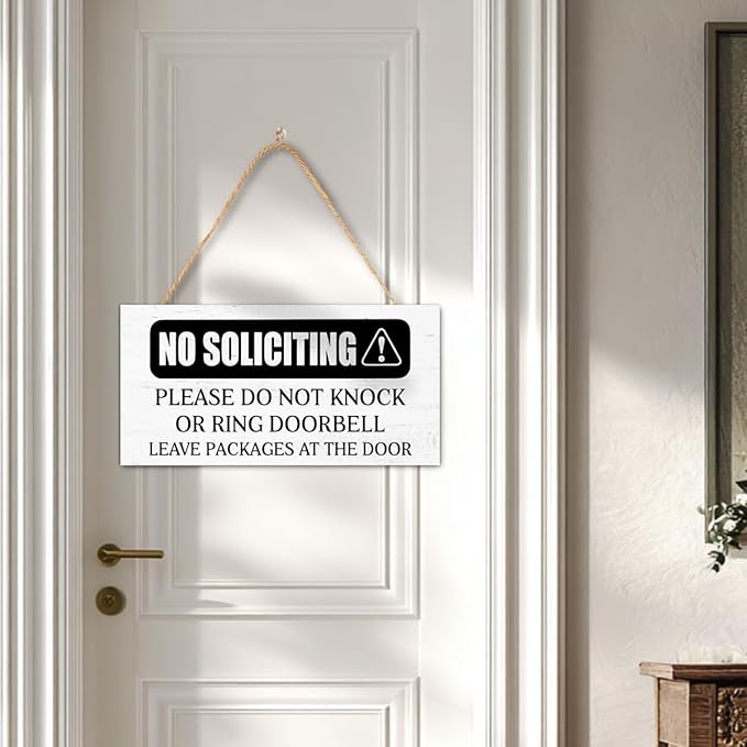 No Soliciting Wood Hanging Sign for Front Door,Do Not Knock or Ring Doorbell Sign for House Home