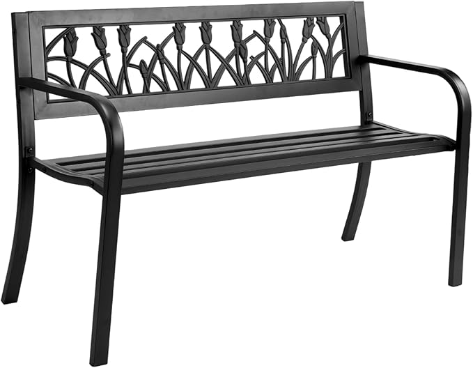 Outvita Outdoor Bench, 50" Iron Steel Frame Garden Bench with Tulip Pattern and Plastic Backrest Armrests, Patio Bench for Garden Park Yard Front Porch Patio, Black