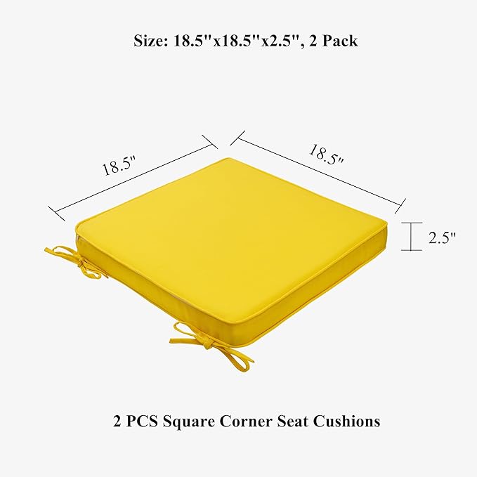 FUNHOME Indoor/Outdoor Chair Cushions Set of 2, 18 x 18 x 2.5 Inch Square Corner Outdoor Cushions for Patio Furniture,2 Packs Patio Chair Cushions with Ties-Yellow