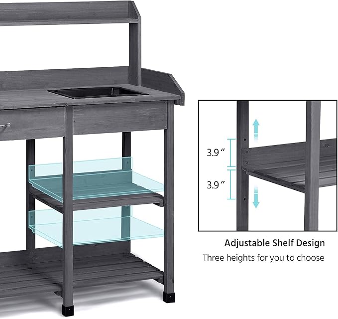 Topeakmart 45.2x17.7x47.6'' (LxWxH) Potting Benches Outdoor Garden Potting Table Work Bench with Removable Sink Drawer Rack Shelves Work Station, Gray
