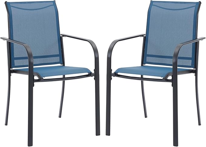 VICLLAX Patio Stackable Dining Chairs Set for 2, Outdoor Sling Chairs with Metal Frame for Front Porch Balcony Backyard Garden and Deck, Dark Blue