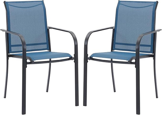 VICLLAX Patio Stackable Dining Chairs Set for 2, Outdoor Sling Chairs with Metal Frame for Front Porch Balcony Backyard Garden and Deck, Dark Blue