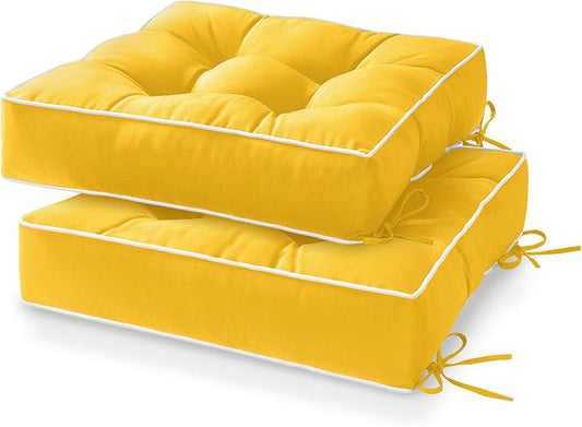 HARBOREST Outdoor Chair Cushions Set of 2, Tufted Patio Chair Cushions with Ties, Square Corner Outdoor Cushions for Patio Furniture, Lawn Chairs, Wicker Chairs, 17" x 17" x 5", Yellow