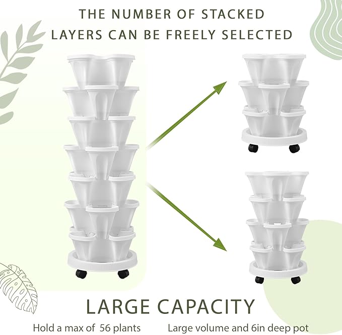 Umigy 1 Set White 7 Tier Vertical Planter Stackable Tower Planters Strawberry Herb Flower and Vegetable Pots Indoor Outdoor Gardening Pots with Removable Wheels and Tools
