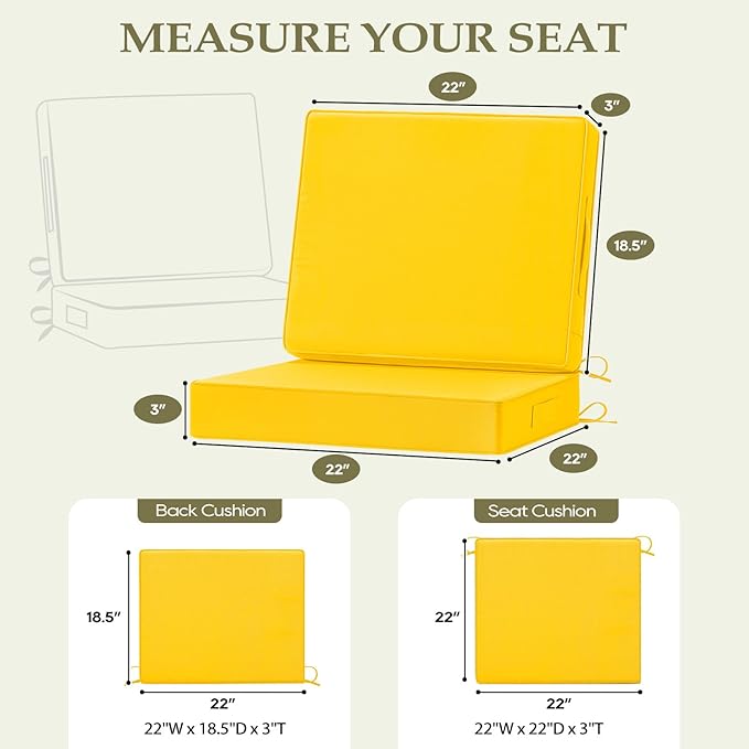 Wellsin Outdoor Cushions for Patio Furniture, Waterproof Outdoor Seat Cushions with Ties and Handle, 22X22 Outdoor Cushions, Outdoor Deep Seat Cushions with Removable Cover, Yellow