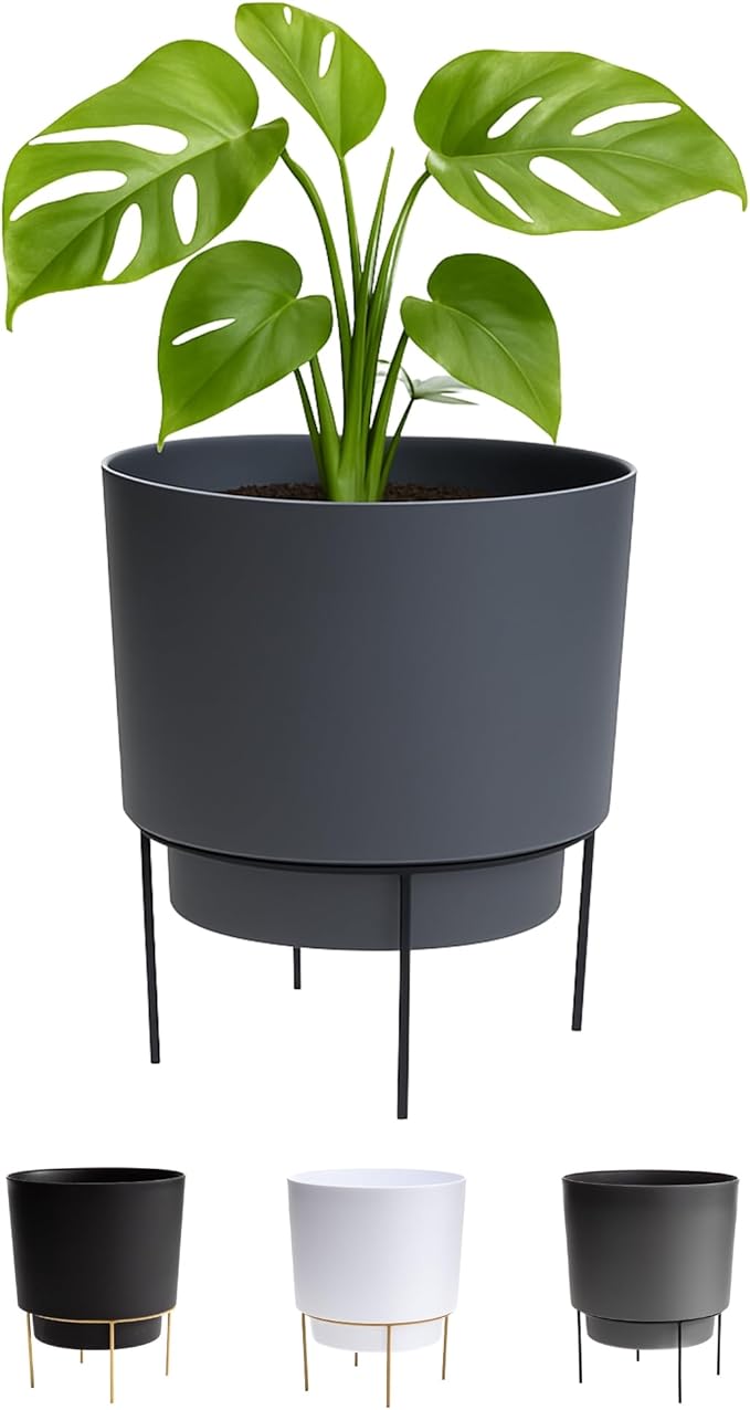 Bloem Hopson Decorative Resin Cachepot with Metal Stand, 6" Indoor and Outdoor Planter with Black Metal Stand, Charcoal