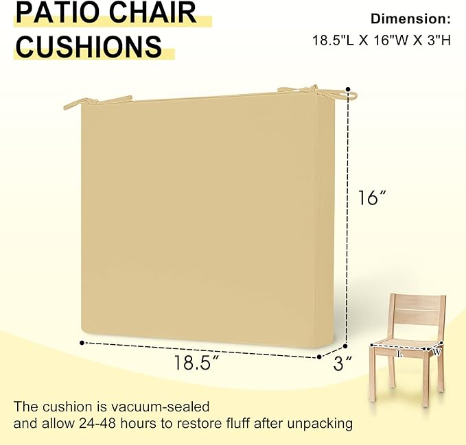 downluxe Outdoor Chair Cushions Set of 6 for Patio Furniture, Water-Resistant Square Corner Patio Chair Cushions with Ties, High Density Foam Outdoor Seat Cushion, 18.5" X 16" X 3", Khaki