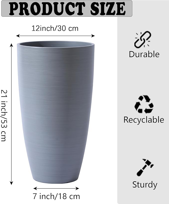 Outdoor Planters For Porch With Drainage Hole&Movable Insert Shelf Large Planters For Decorative Gray Wooden Grain Matte Finish For All House Plants Small Trees No Fading Planter 21Inch Tall Planter