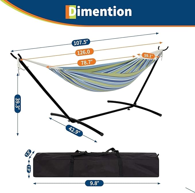 Double Hammock with Stand, 2 Person Portable Foldable Outdoor Hammock, 450lb Capacity Heavy-Duty Hammock for Garden, Patio, Backyard, Blue and Green Stripes