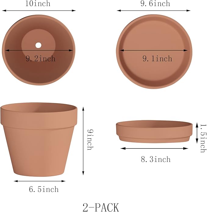 Fcacti 10 Inch Large Terracotta Pots with Saucer/Tray - 2 Pack Large Clay Pot for Plant with Drainage Hole, Terra Cotta Planter for Indoor Outdoor Plant,Balcony Garden Patio Deck