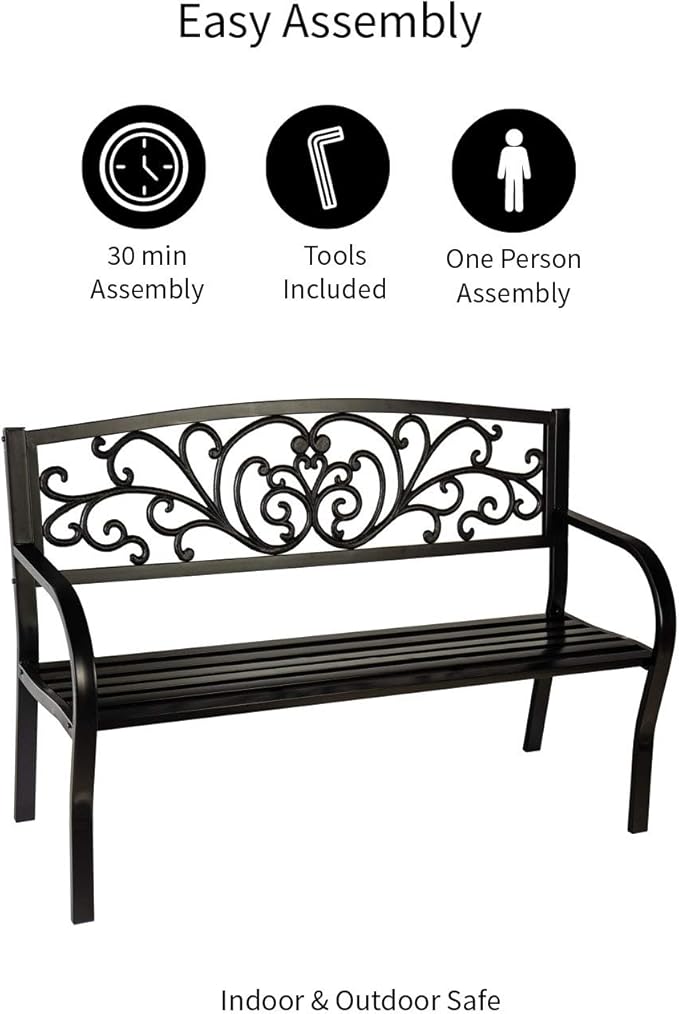 Evergreen Garden Weatherproof Outdoor Bench Blooming Garden | Holds Up to 300 lbs. | Furniture for Lawn Garden Patio Porch Park Deck | Steel | Black