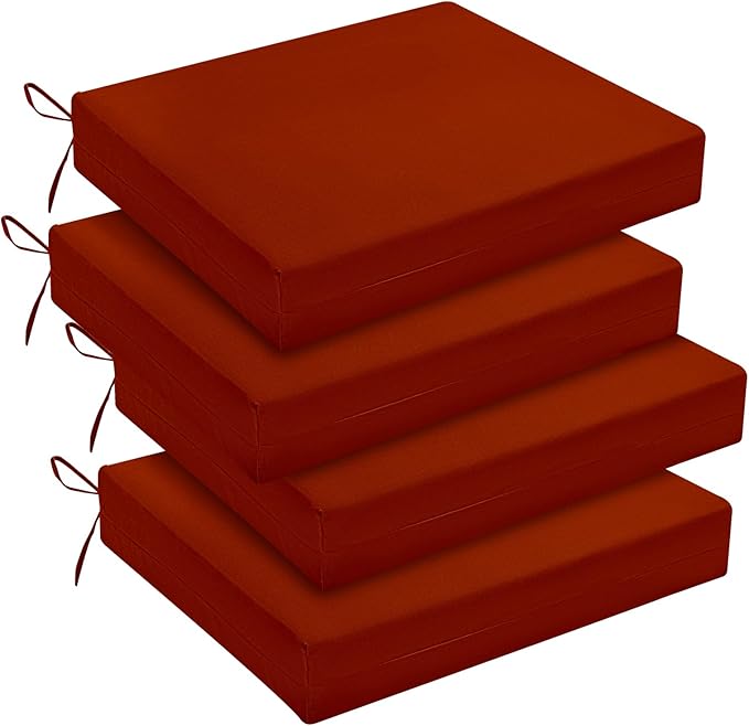 downluxe Outdoor Chair Cushions Set of 4 for Patio Furniture, Water-Resistant Square Corner Patio Chair Cushions with Ties, High Density Foam Outdoor Seat Cushion, 18.5" X 16" X 3", Brick Red
