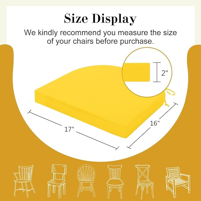 Cozyide Outdoor Chair Cushions, Waterproof Patio Seat Cushions with Adjustable Straps, Round Corner Patio Chair Cushions for Garden, Yellow, 17x16x2 Inch (Pack of 2)
