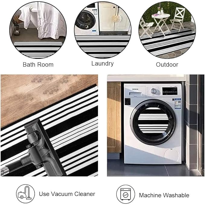 OJIA Front Door Mat 24"x35" Black and White Outdoor Rugs Front Door Rug Washable Entryway Rug Cotton Hand Woven Indoor Outdoor Doormat Small Area Rugs Layered Doormat for Porch/Home Entrance Decor