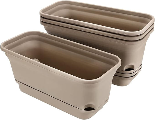 Set of 4 Flower Window Box Plastic Vegetable Planters with Drainage Hole Saucer, 15" Rectangle Self Watering Flowerpot, Garden Plant Decorative Pots for Windowsill, Indoor Succulents, Brown