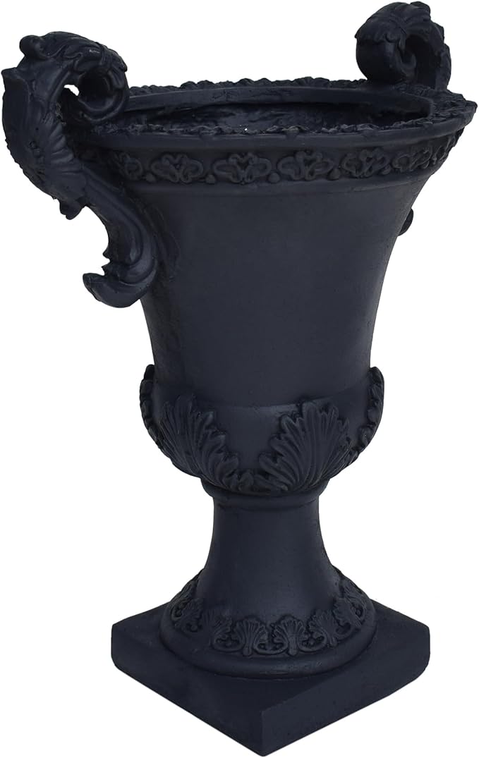 Christopher Knight Home Jorine Patio Planter, Light Concrete Planter, Mid-Centry Gadern Urn, Floral Relif Design Plant Pot, Large Garden Pot, Flower Urn with Drainage Hole for Backyard Home, Black