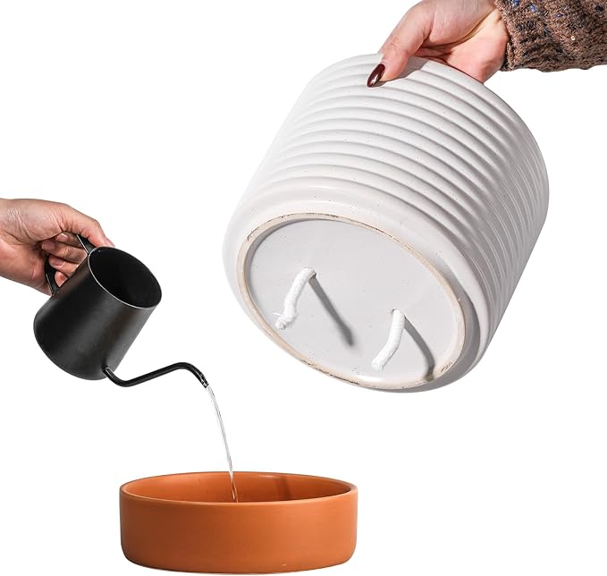Self Watering Plant Pot : 8 Inch Ceramic Planter with Drainage Hole & Water Storage Plus - Flowerpot for Indoor & Outdoor Plants (Cream White & Red-Brown)