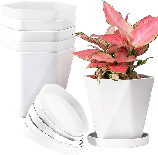 InmeRun Plant Pots Indoor Plastic Flower Pots Outdoor 5 inch Set of 6 Pack with Drainage Holes and Saucers for Garden Pots (5in 6 White)