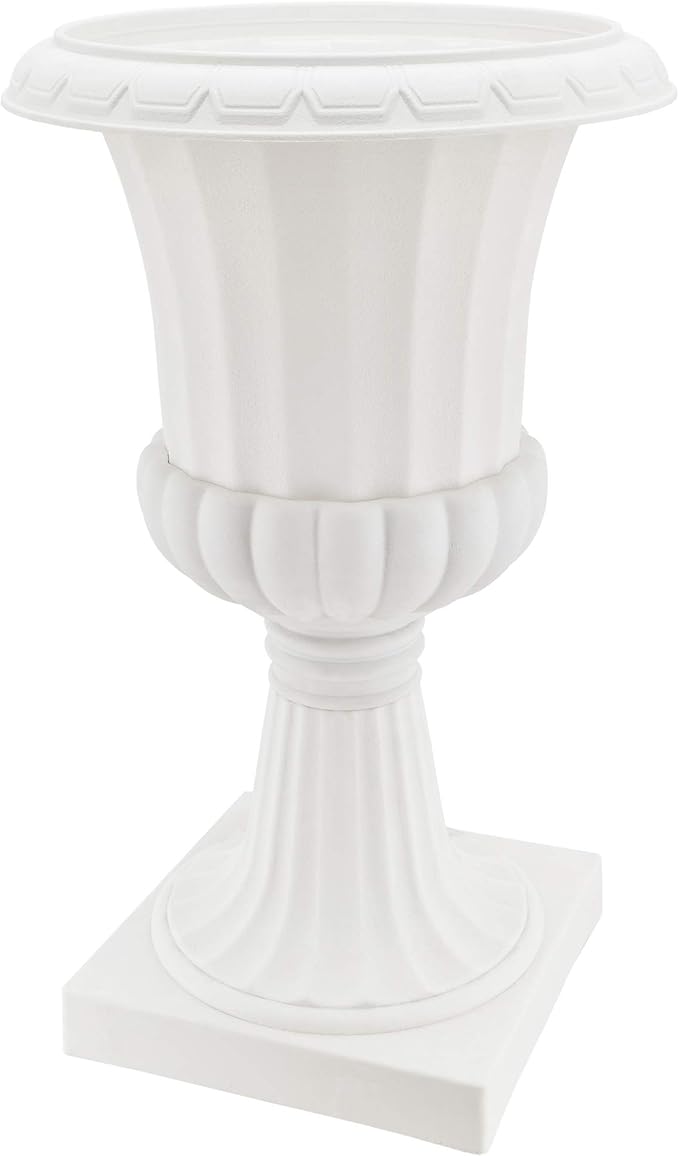 Arcadia Garden Products Plastic Garden Pedestal Urn, Set of 2 Classic Decorative Garden Pot Planter for Indoor and Outdoor Plants, 10” x 17”, White