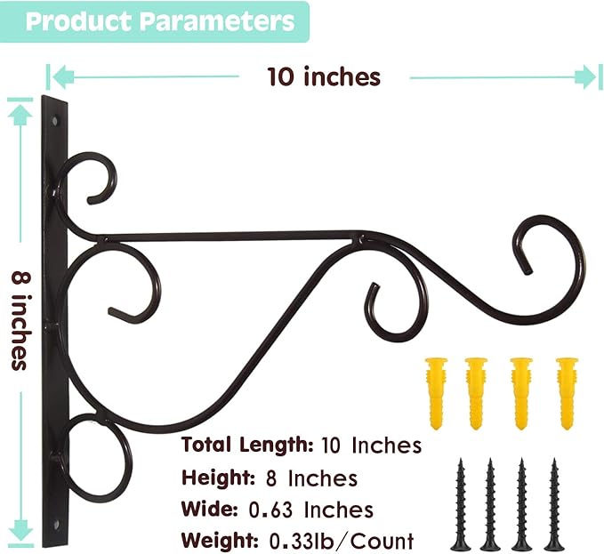Fashion&cool Hanging Plant Brackets, Pack of 2 10 inch Iron Wall Mount Plant Hanging Hooks Metal Wall Brackets Hangers for Indoor Outdoor Planter Bird Feeder Lanterns Wind Chimes with Screws