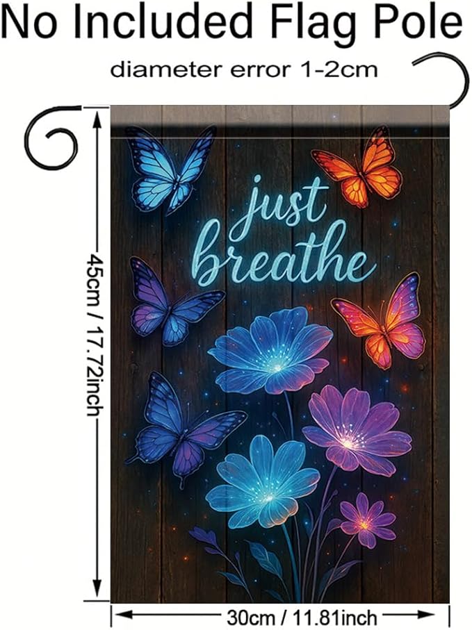 Just Breathe Garden Flag 12x18 Inch Double Sided Outdoor Yard Banner Blue and Orange Butterflies with Glowing Flowers Inspirational Quote Decor for Spring Summer Garden Decoration