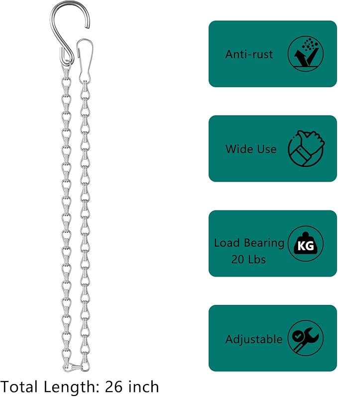 garini 26 Inch Hanging Basket Chain with Hooks, Silver Hanging Chain for Hanging Bird Feeders, Billboards, Chalkboards, Basket, Planters, Lanterns, Wind Chimes and Decorative, 4 Pack