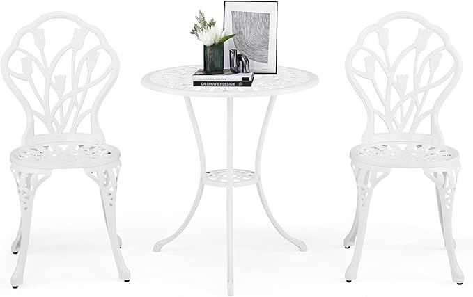 Outvita Patio Table and Chairs Set, Cast Aluminum Outdoor Cafe Table and Chairs Set of 3, Stability Patio Bistro Sets with Umbrella Hole for Garden, Patio, Balcony, Tulip Pattern White