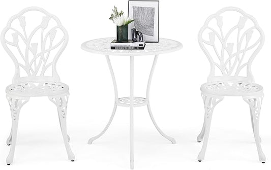 Outvita Patio Table and Chairs Set, Cast Aluminum Outdoor Cafe Table and Chairs Set of 3, Stability Patio Bistro Sets with Umbrella Hole for Garden, Patio, Balcony, Tulip Pattern White