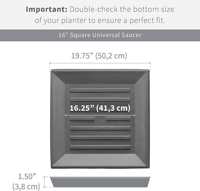 Crescent Garden Universal Square Plant Saucer, Durable Drip Tray for Heavy Square Pot, Premium Plastic Drainage Dish, Large Outdoor Flowerpot Saucer - 16'' Inner x 19.75" Outer (Rust)