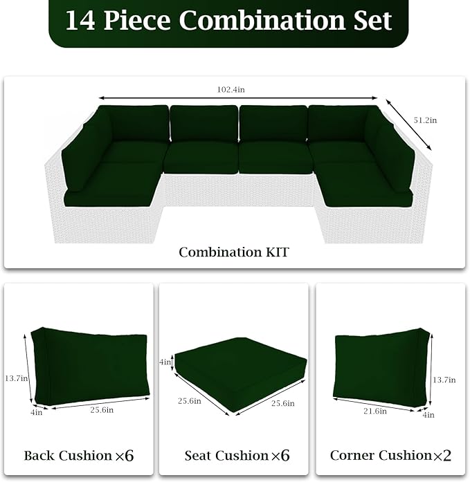Outdoor Sectional Cushions, 4" Foam High-Density, Water-Resistant Couch Cushions Replacement Set, 14 Piece Patio Sectional Cushion for 6-Seat Sectional Patio Conversation Sets (Dark Green)