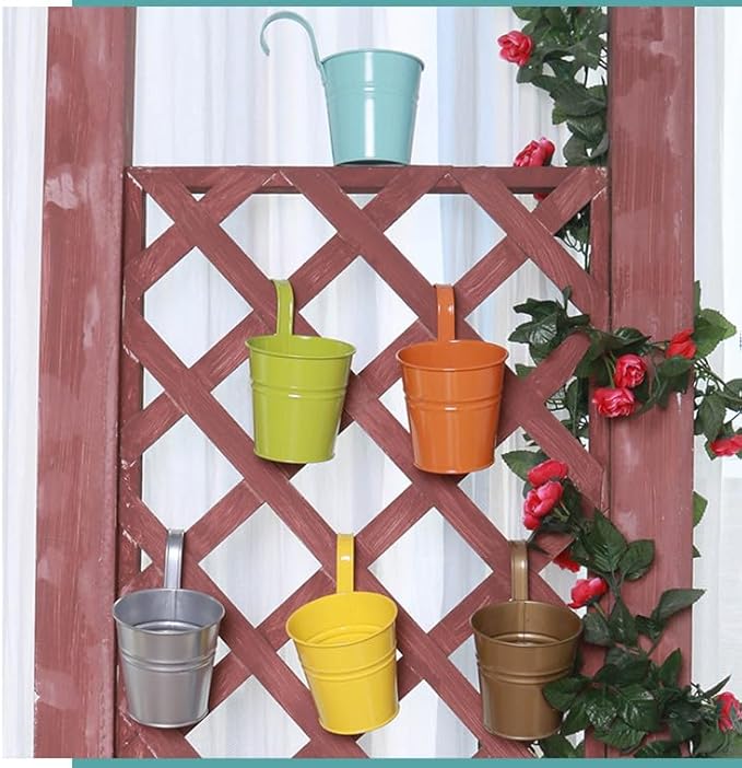 Vintage Hanging Cup Holders with Removable Hooks -5 Pack Metal Iron Buckets Hanging Flower Pots Wall Fence Hanging Planter-Storage Box, Drainage Holes -5''Diameter Vase Decoration (Yellow)