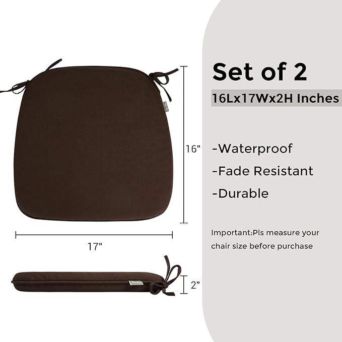 Outdoor Chair Cushions Set of 2,Patio Seat Cushion 17"x16"x2",U-Shaped Dining Chair Cushion 17 by 16 Inch,Water Resistant,Fade-Resistant Chair Pads for Kitchen Garden Furniture(Chocolate Brown)