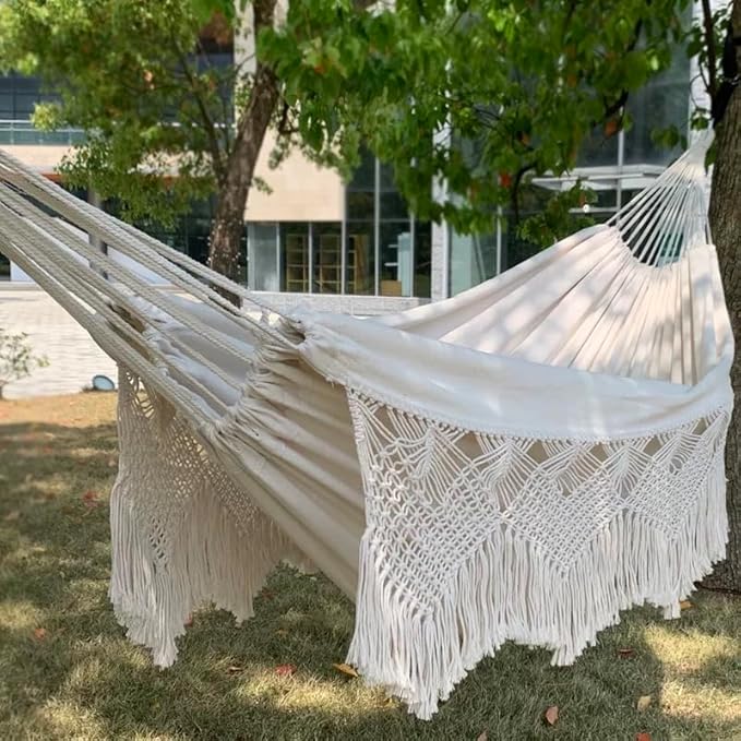 Macrame Double Hammock with Heart Motif, 79 x 59 in (200 x 150 cm) – 2-Person Boho Fabric Hammock, Ropes & 2 S-Hooks Included, Indoor/Outdoor Patio Porch Garden Beach Décor (Beige)