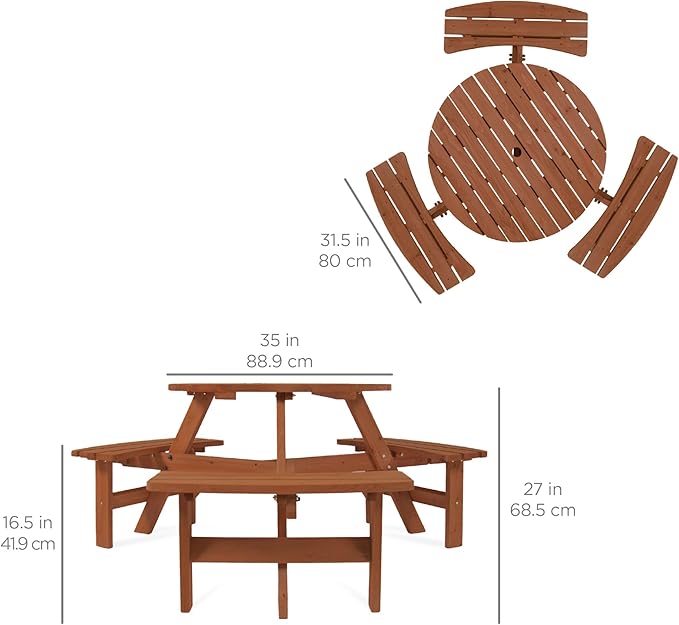 Best Choice Products 6-Person Circular Outdoor Wooden Picnic Table for Patio, Backyard, Garden, DIY w/ 3 Built-in Benches, 500lb Capacity - Acorn