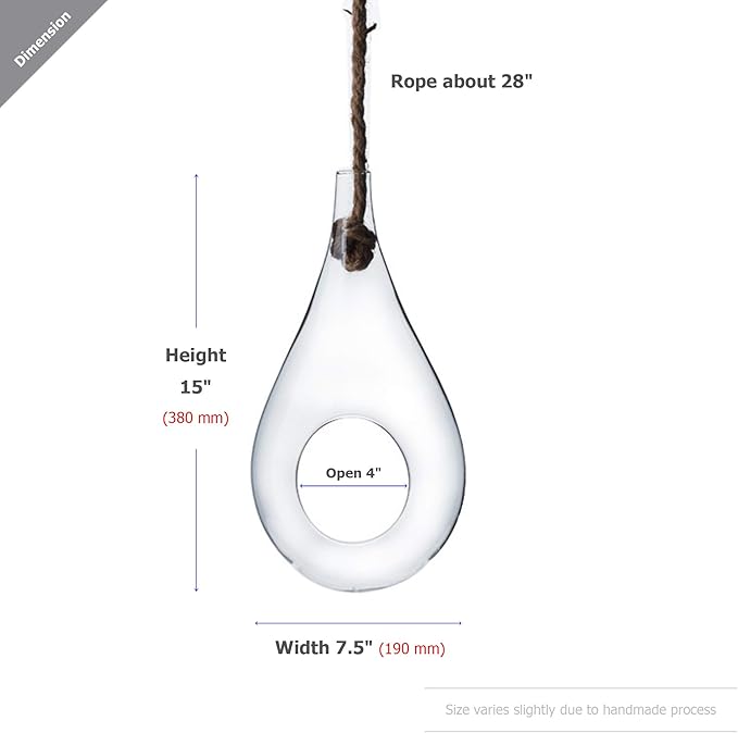 WGV Hanging Planter Terrarium, Width 7.5", Height 15", DIY Clear Glass Succulents Air Teardrop Floral Container (Including Rope), Candle Holder Vase for Outdoor Indoor Decor, 1 Piece