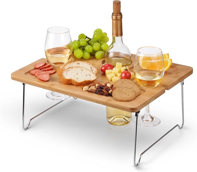 Tirrinia Portable Wine Picnic Table, Ideal Wine Gift for Women Men, Small Folding Outdoor Picnic & Cheese Tray with 2 Wine Glasses Holder for Camping, Park, Beach, Garden, Concerts