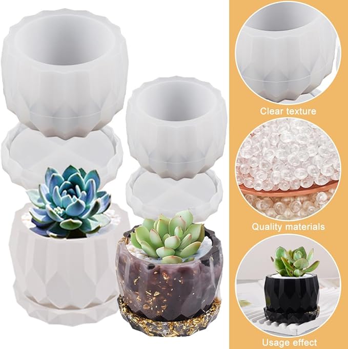 2-Pack Silicone Planter Mold - Easy Demold Sturdy Silicone w/Bottom Bracket (Stable+Drain) for DIY Succulent Pots, Storage Containers, Candle Holders