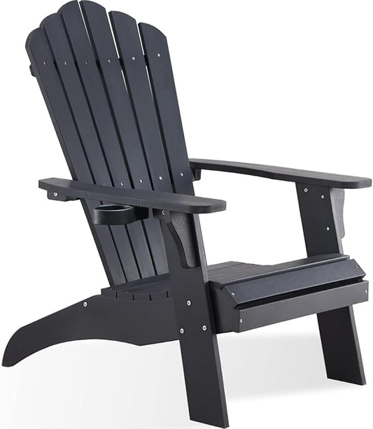 Psilvam Adirondack Chair, Oversized Poly Lumber Fire Pit Chair with Cup Holder, 350Lbs Support Patio Chairs for Garden, Weather Resistant Outdoors Seating, Relaxing Gift for Father & Mother (Black)
