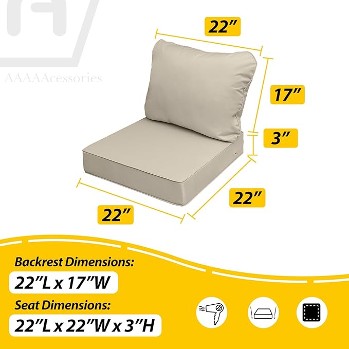AAAAAcessories Outdoor Seat Cushions for Chairs, Fade-Resistant, Waterproof Patio Furniture Replacement Cushions, 22" x 22" x 3" + 22" x 17", Set of 2, Beige