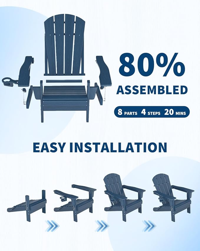 Folding Adirondack Chair, All-Weather HDPE Outdoor Chair, Wooden Textured with Cup Holder for patios, Decks, Gardens, fire pits, Navy Blue