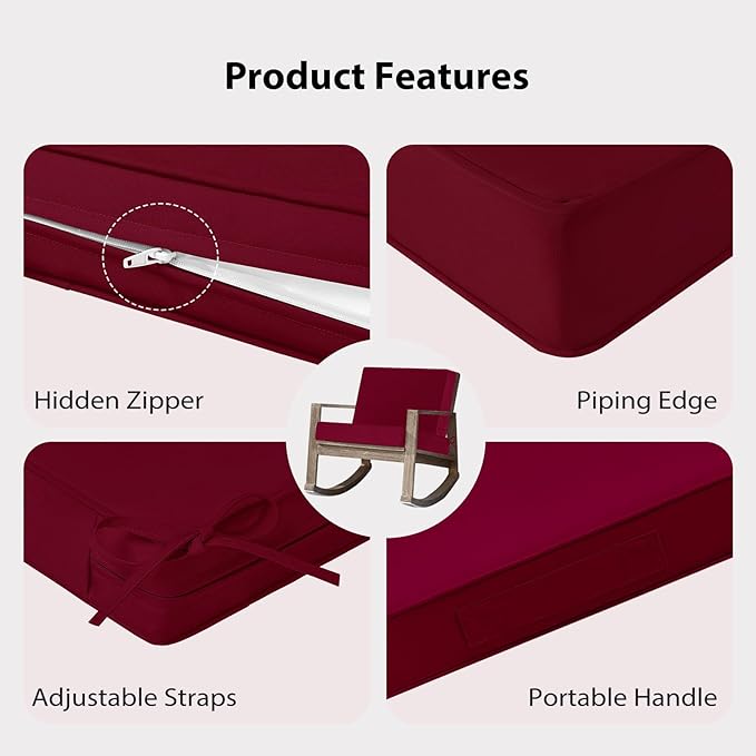 Waterproof Outdoor Chair Cushions 22x22, Memory Foam Outdoor Cushions for Patio Furniture with Removable Cover, Deep Seat Cushions for Outdoor Furniture with Ties and Handle, Burgundy