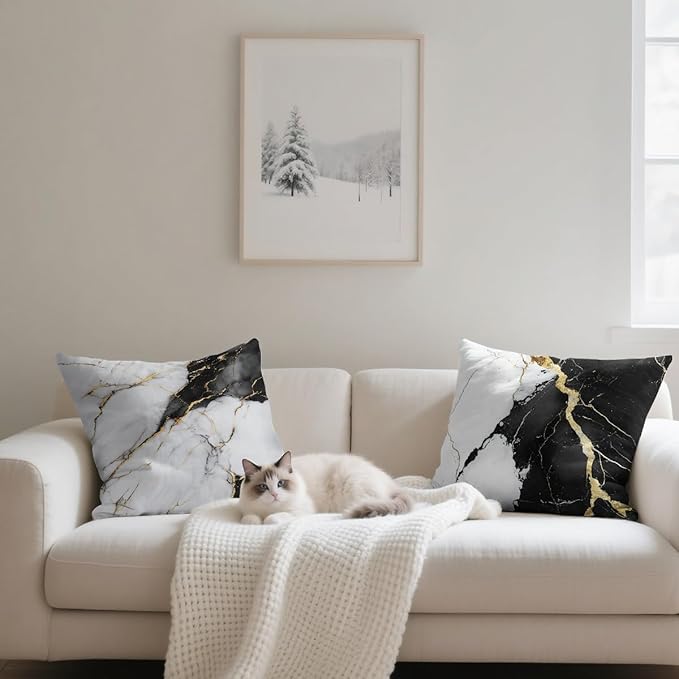 Marble Pillow Covers 18x18 inch Set of 4, White Black Gold Texture Modern Elegant Pillow Covers, Pillowcases Throw Pillow Covers for Sofa Couch Home Decor
