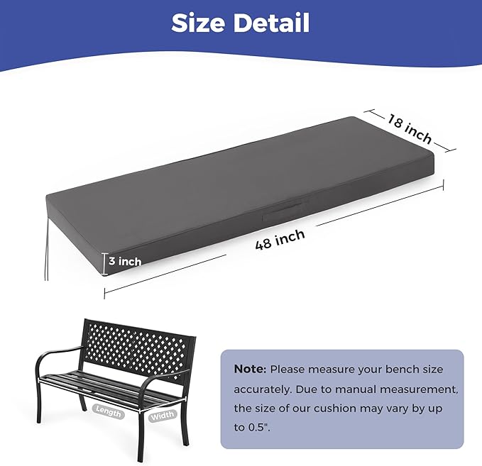 Outdoor Bench Cushions for Outdoor Furniture, 48x18x3 Inch, Waterproof Bench Pillow, Fade Resistant Long Bench Seat Pads for Garden, Indoor, Porch Swing, Dark Grey