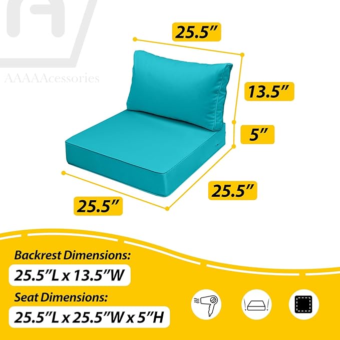 AAAAAcessories Outdoor Deep Seat Cushions, Waterproof, Fade-Resistant Patio Furniture Replacement Cushions, 25.5" x 25.5" x 5" + 25.5" x 13.5", Set of 4, Turquoise Blue