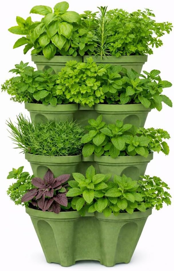 Vertical Garden Planter 4 Tier Stackable System 16 Plants, Space Saving Herb, Strawberry & Food Crop Planter with Center Support Hole for Indoor Outdoor Gardening (4, Sagebrush Green, Small)