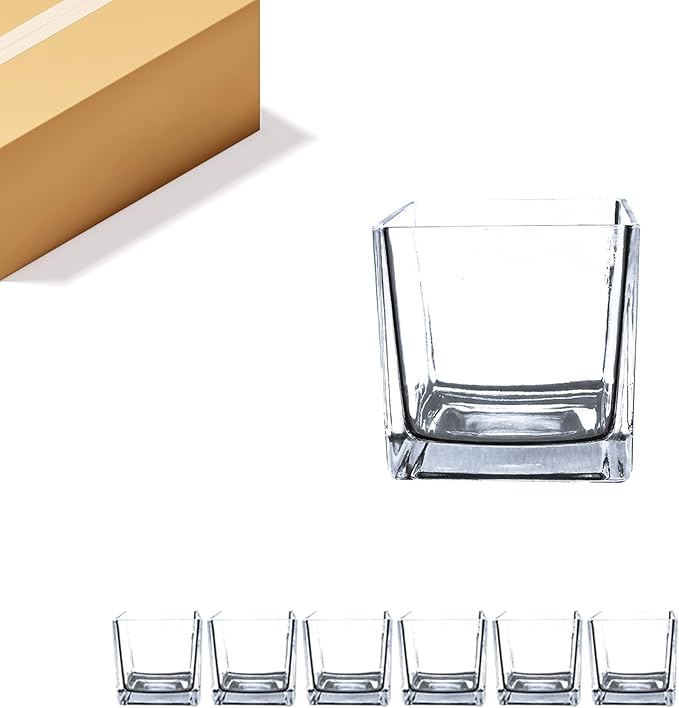WGV Cube Glass Vase Bulk, Candle Holder, 4"x4"x4", Utility, Clear Elegant Floral Accent Container Planter Terrarium Storage for Wedding Home Decor, 6 Pieces (VCB0004A_6)